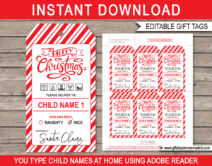 Printable Christmas Mail Tags Template | Santa Gift Labels | Shipping Labels | Packing Symbols | Present, Christmas Tree, Elf, Reindeer, Sleigh | Custom Tags from Santa's Workshop in the North Pole | Santa Claus | DIY Editable Text | INSTANT DOWNLOAD via giftsbysimonemadeit.com