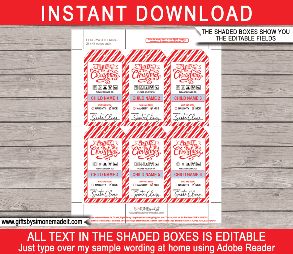 Printable Christmas Mail Tags Template | Santa Gift Labels | Shipping Labels | Packing Symbols | Present, Christmas Tree, Elf, Reindeer, Sleigh | Custom Tags from Santa's Workshop in the North Pole | Santa Claus | DIY Editable Text | INSTANT DOWNLOAD via giftsbysimonemadeit.com