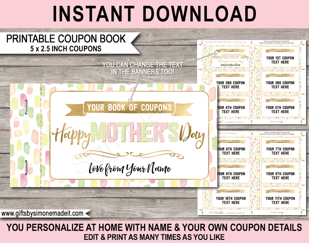 Coupon Book for Mom Template | Mothers Day Gift | Print at Home | DIY editable custom Coupons | Editable & Printable Gift Template | Gold & Pastels | Instant Download via simonemadeit.com