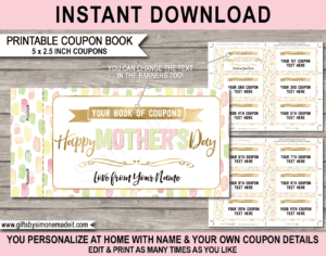 Coupon Book for Mom Template | Mothers Day Gift | Print at Home | DIY editable custom Coupons | Editable & Printable Gift Template | Gold & Pastels | Instant Download via simonemadeit.com