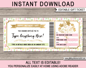 Printable Gift Voucher for Mom Template | Mothers Day Gift Certificate | Gift Card | Experience or Last Minute Gift Idea | Flower Bouquet | INSTANT DOWNLOAD via giftsbysimonemadeit.com