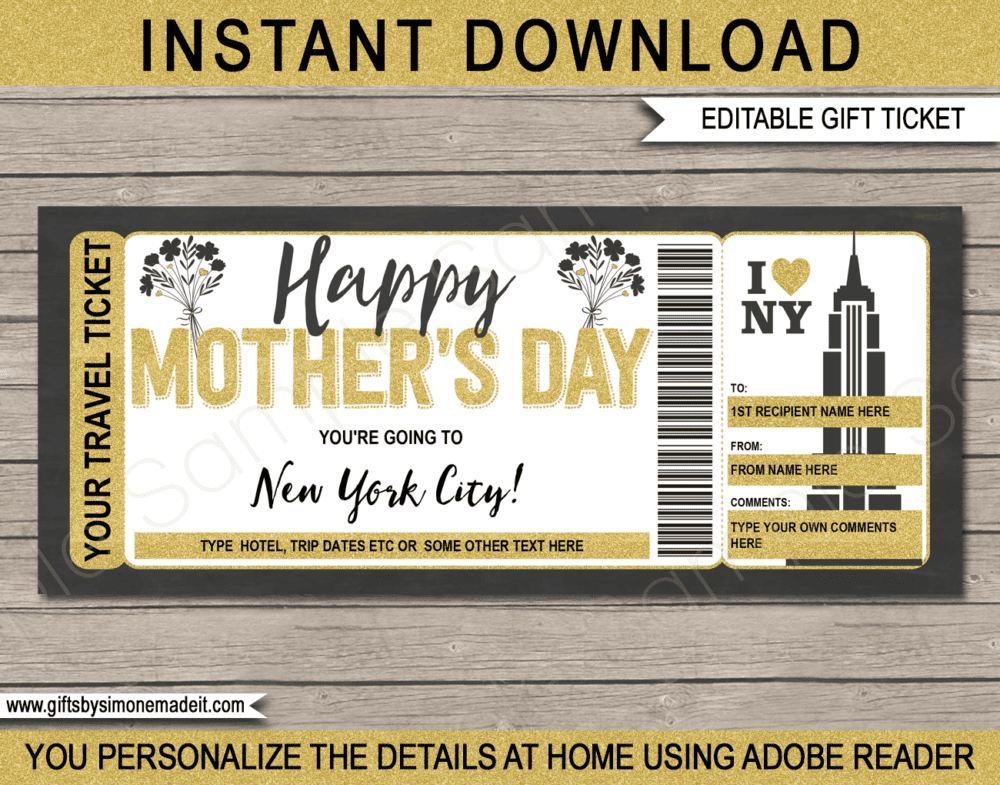 New York Trip for Mom Ticket Template | Mothers Day Surprise Trip Reveal Gift Idea to NYC | Travel Voucher | DIY Printable with Editable Text | INSTANT DOWNLOAD via giftsbysimonemadeit.com