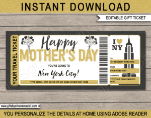 New York Trip for Mom Ticket Template | Mothers Day Surprise Trip Reveal Gift Idea to NYC | Travel Voucher | DIY Printable with Editable Text | INSTANT DOWNLOAD via giftsbysimonemadeit.com