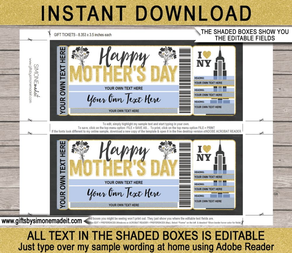 New York Trip for Mom Ticket Template | Mothers Day Surprise Trip Reveal Gift Idea to NYC | Travel Voucher | DIY Printable with Editable Text | INSTANT DOWNLOAD via giftsbysimonemadeit.com