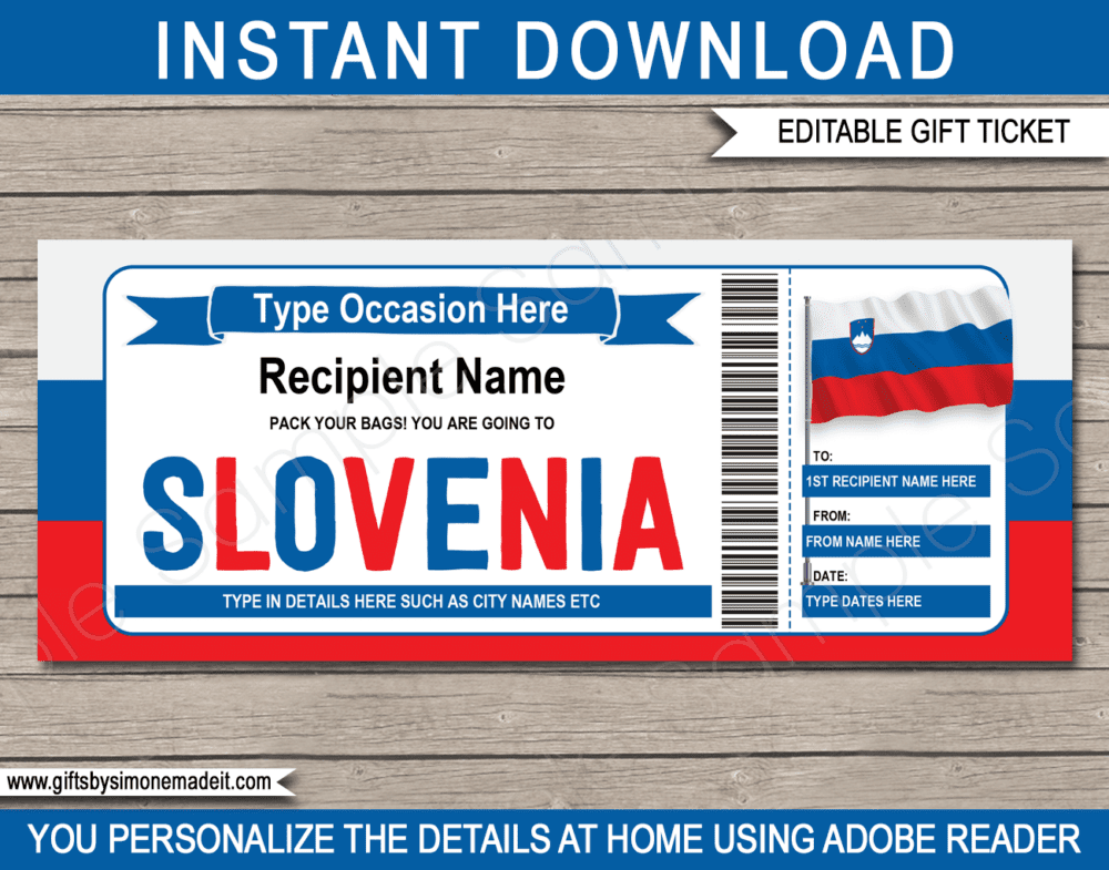 Slovenia Trip Gift Ticket Template | Printable Surprise Trip Reveal Gift Idea | Vacation Travel Ticket | DIY Printable with Editable Text | INSTANT DOWNLOAD via giftsbysimonemadeit.com