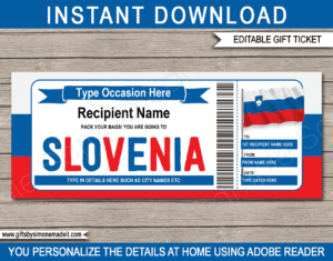 Slovenia Trip Gift Ticket Template | Printable Surprise Trip Reveal Gift Idea | Vacation Travel Ticket | DIY Printable with Editable Text | INSTANT DOWNLOAD via giftsbysimonemadeit.com