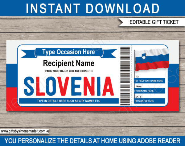 Slovenia Trip Gift Ticket Template | Printable Surprise Trip Reveal
