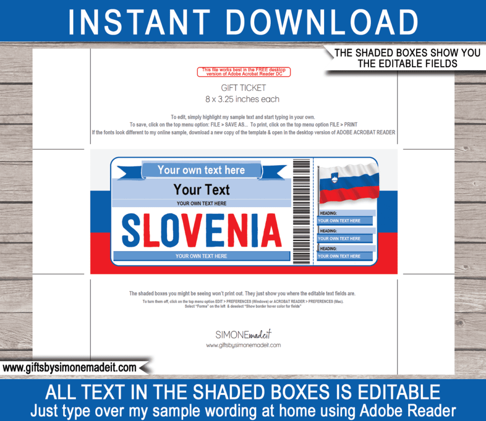 Slovenia Trip Gift Ticket Template | Printable Surprise Trip Reveal Gift Idea | Vacation Travel Ticket | DIY Printable with Editable Text | INSTANT DOWNLOAD via giftsbysimonemadeit.com