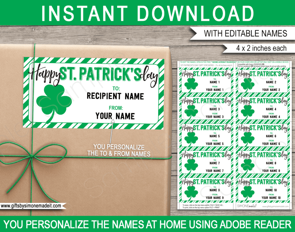 St Patricks Day Gift Labels Gift Labels Template | Printable Stickers | Personalized Kids Gift Tags | School Class Gift Idea | Children St Patrick's Day Gifts | DIY Printable with Editable Text | INSTANT DOWNLOAD via giftsbysimonemadeit.com