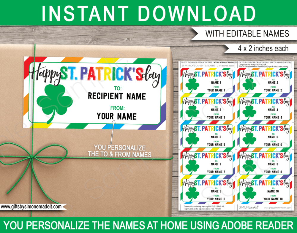 Printable St Patricks Day Labels Template | Kids Class Gift Stickers | Personalized Gift Tags | School Gift Idea | Children St Patrick's Day Gifts | DIY Printable with Editable Text | INSTANT DOWNLOAD via giftsbysimonemadeit.com