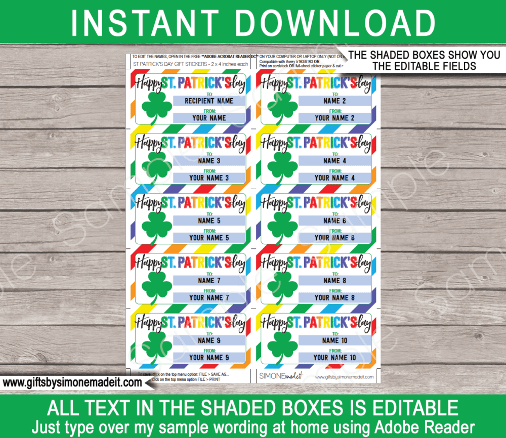 Printable St Patricks Day Labels Template | Kids Class Gift Stickers | Personalized Gift Tags | School Gift Idea | Children St Patrick's Day Gifts | DIY Printable with Editable Text | INSTANT DOWNLOAD via giftsbysimonemadeit.com