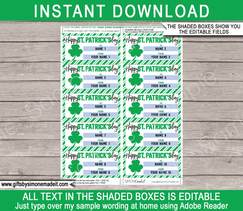 St Patricks Day Gift Labels Gift Labels Template | Printable Stickers | Personalized Kids Gift Tags | School Class Gift Idea | Children St Patrick's Day Gifts | DIY Printable with Editable Text | INSTANT DOWNLOAD via giftsbysimonemadeit.com