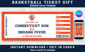 Connecticut Sun printable basketball ticket gift template — editable Canva design with mobile version included