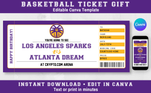 Los Angeles Sparks printable basketball ticket gift template — editable Canva design with mobile version included