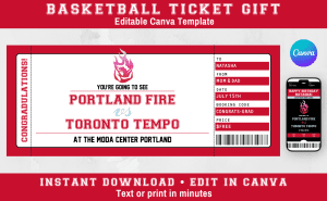 Portland Fire printable basketball ticket gift template — editable Canva design with mobile version included