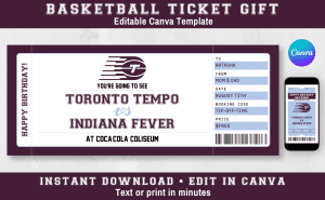 Toronto Tempo printable basketball ticket gift template — editable Canva design with mobile version included