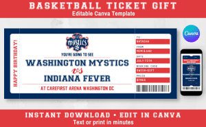 Washington Mystics printable basketball ticket gift template — editable Canva design with mobile version included