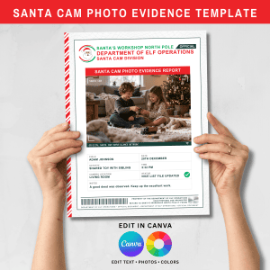 Hands holding a printed Santa Cam photo evidence report with a photo of two children sharing a toy by a Christmas tree